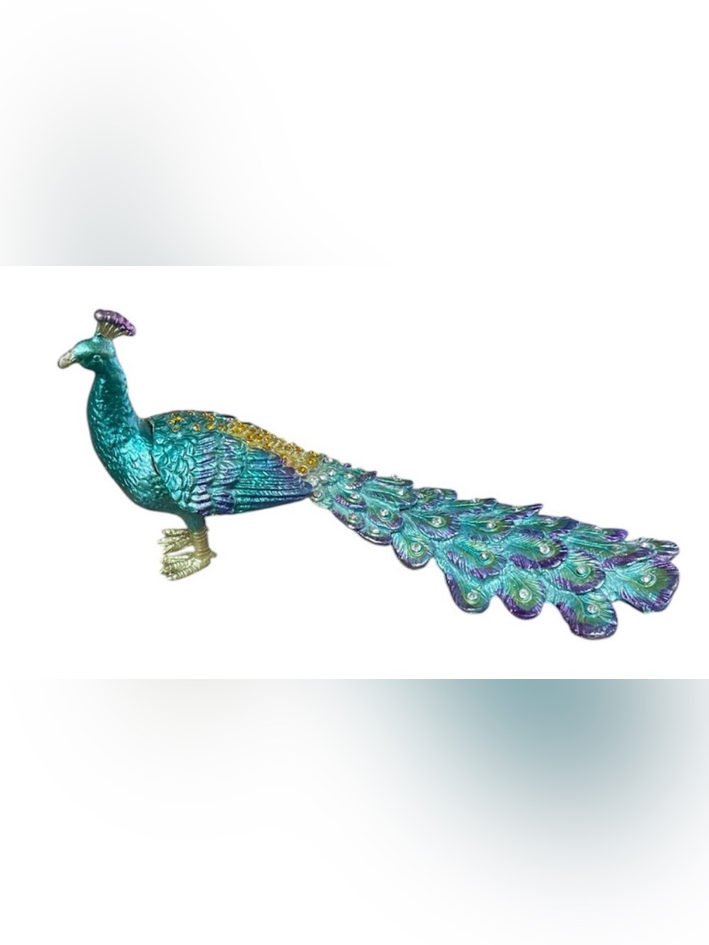 Peacock hinged trinket box enamel interior magnetic latch EUC